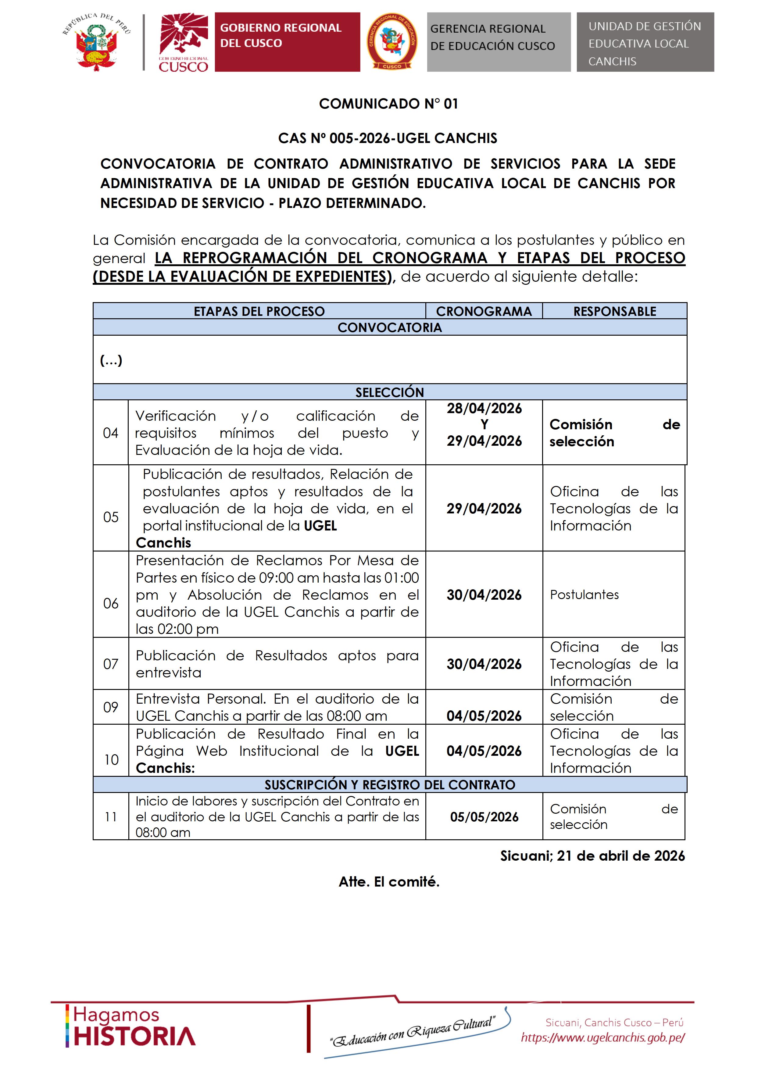 Comunicado N° 01 CAS Nº 005-2026-UGEL CANCHIS